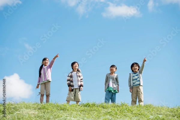 Fototapeta 草原で空を見上げる小学生