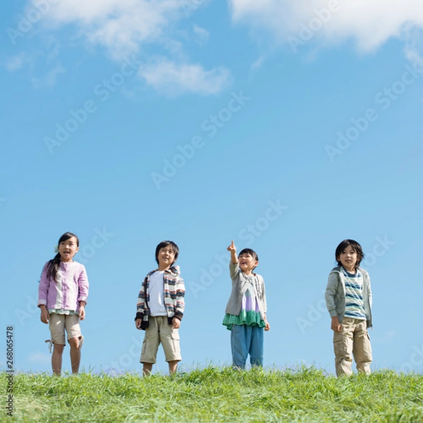 Fototapeta 草原で空を見上げる小学生