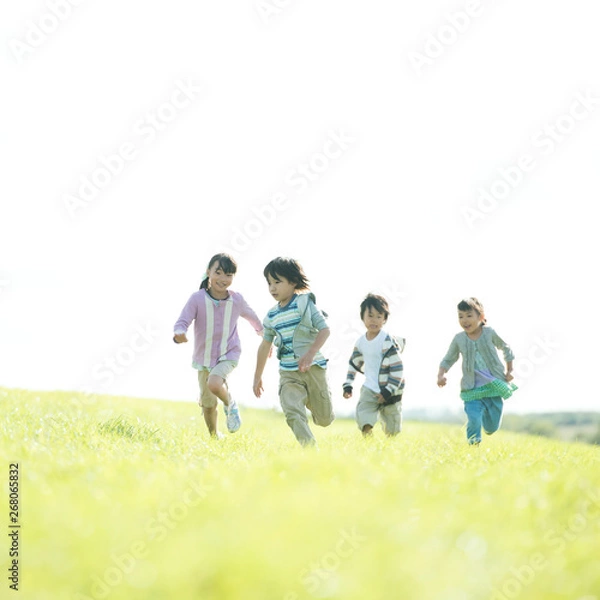 Fototapeta 草原を走る小学生