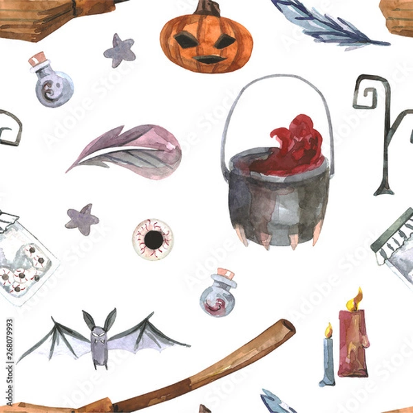 Fototapeta Pattern handmade watercolor set for Halloween. Suitable for postcards, posters, design, banners, invitations. Pumpkin, bat, eyes, broom, candles, dead wood, flasks of liquid, dark stars. 