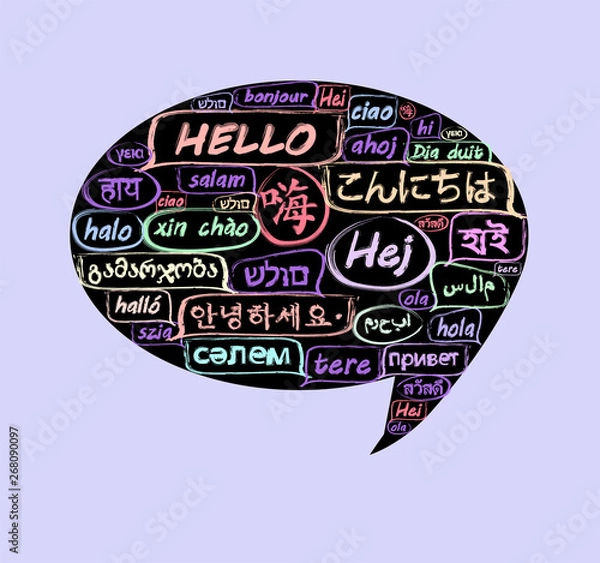 Fototapeta Hello colorful speech bubble word cloud in many different languages.