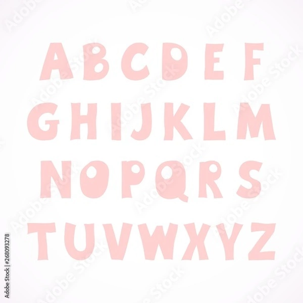 Obraz Hand sketched vector alphabet on white background in cartoon style. Cute pink modern font for kids, baby girl t-shirts, nursery, poster, card, birthday party, baby shower.