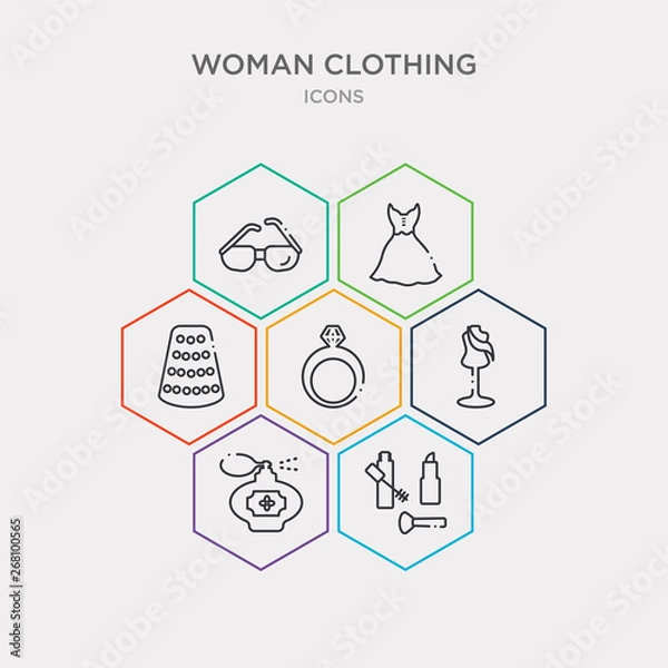Fototapeta simple set of makeup?, circular perfume bottle?, couture mannequin?, diamond ring? icons, contains such as icons sewing thimble black variant?, lace dress with belt?, rectangular eyeglasses? and