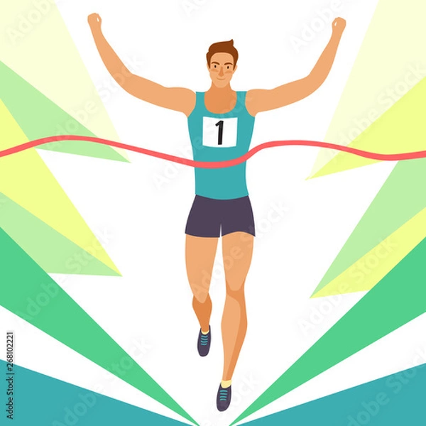 Fototapeta Dynamic running man crossing finish line.