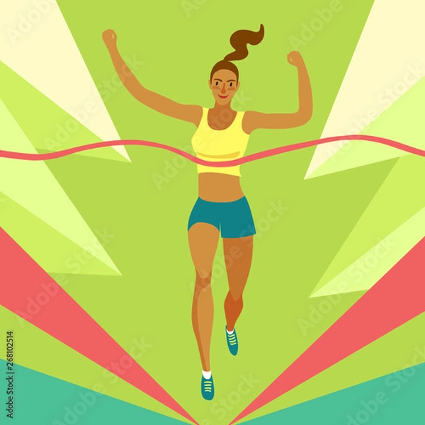 Fototapeta Dynamic running girl crossing finish line