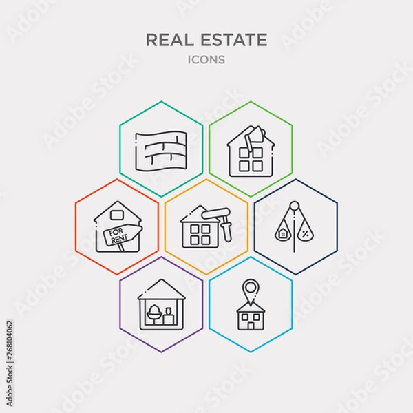 Fototapeta simple set of map location, house decoration, juridical, paint roll icons, contains such as icons for rent, advertisement, technical drawing and more. 64x64 pixel perfect. infographics vector