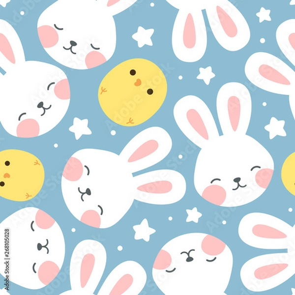 Fototapeta Rabbit and chick Seamless Pattern Background, Scandinavian Happy bunny with cloud, easter. cartoon rabbit vector illustration for kids nordic background