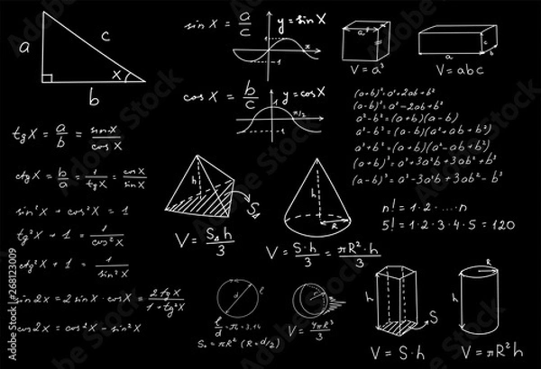 Fototapeta Blackboard mathematical vector pattern with geometrical figures and formulas, used for school education and document decoration. Isolated, you can use any color of background. 
