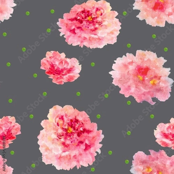 Obraz Watercolor pink peonies on gray background seamless pattern