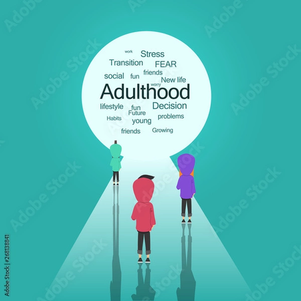 Fototapeta Transitions to adulthood concept.Young characters standing near white passage with different adulthood words.Flat cartoon design