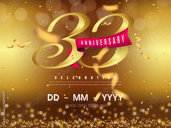 Fototapeta 33 years anniversary logo template on gold background. 33rd celebrating golden numbers with red ribbon vector and confetti isolated design elements