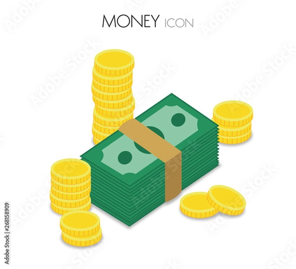 Obraz Stack bills and coins vector, money icon, dollar bill, cash, investment, payment, finance, green money, gold coins, pile of coins, pile of bills, pack of banknotes, ward of bills, roll of bills,  