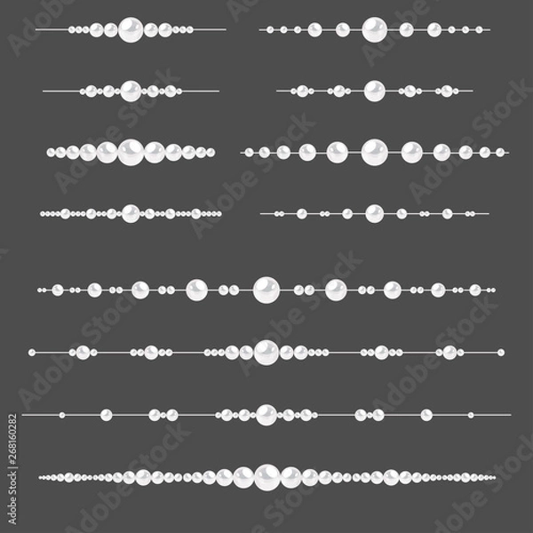 Fototapeta Set of pearl borders isolated on gray background. Vector dividers for decoration, wedding invitation or greeting cards, banners.
