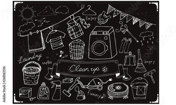 Obraz 太陽、雲、カモメ、鳥、ハンガー、雨雲、ほうき、ちりとり、洗濯機、洗濯ばさみ、テントウムシ、掃除機、アイロン、洗剤、かご、ランドリーバック、洋服、タオル、干す、ガーランド、笑顔、怒る、顔、バケツ、雑巾、ワイパー、手袋