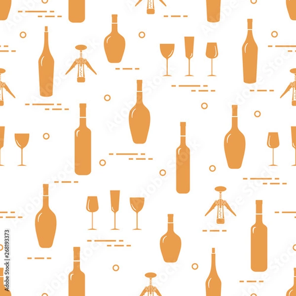 Fototapeta Pattern of wine glasses, bottles, corkscrew.