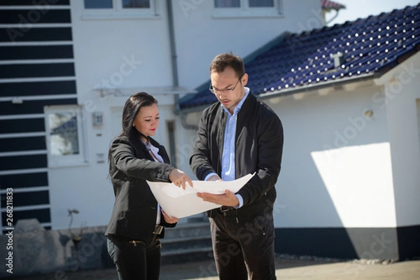 Fototapeta A real estate agent showing a customer house plan in front of the house
