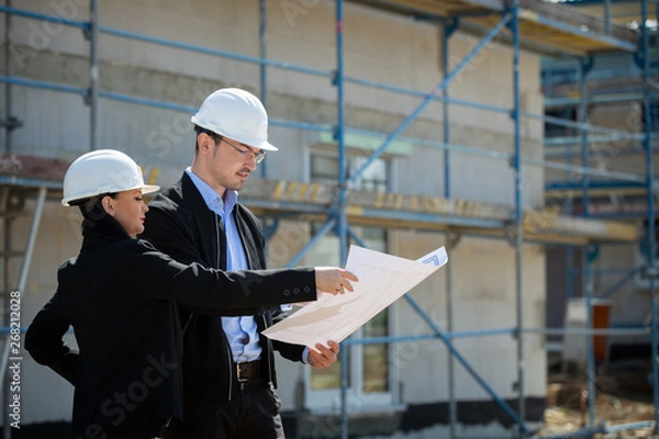 Fototapeta Two architects a man and a woman in construction in white helmets.