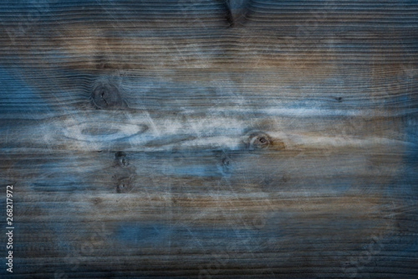 Fototapeta Old grunge rustic blue brown dark scratched wood texture background. Text space, empty template.