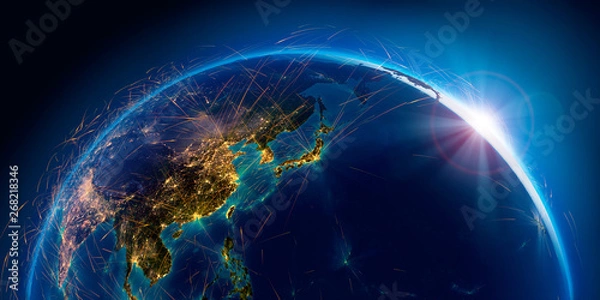 Fototapeta Detailed air routes on Earth. 3D rendering