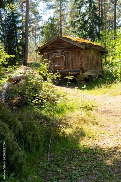 Fototapeta An old authentic 18th century wooden farmhouse in the middle of a forest on Seurasaari island in Helsinki in Finland on a summer day.