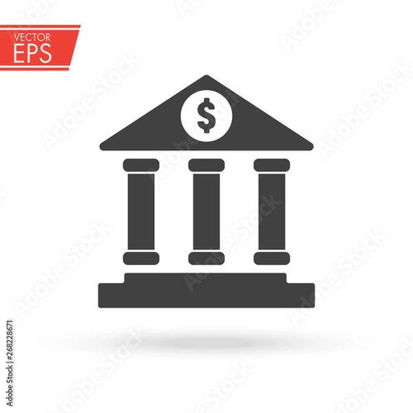 Fototapeta Bank building icon. Currency symbol. Money sign. Dollar cash sticker. Payment concept. Shop and market purchase emblem. Banking pictogram. Business success design. Financial transaction vector image.