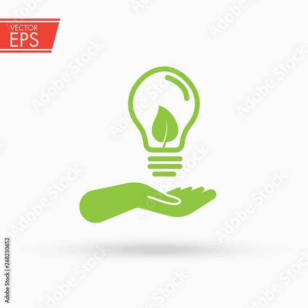 Fototapeta Green ecology bulb on hand. Light bulb in hand. Ecology bulp lamp with leaf logo. Energy saving lamp symbol. Eco friendly concept for company logo. Eco world, green leaf, energy saving lamp symbol