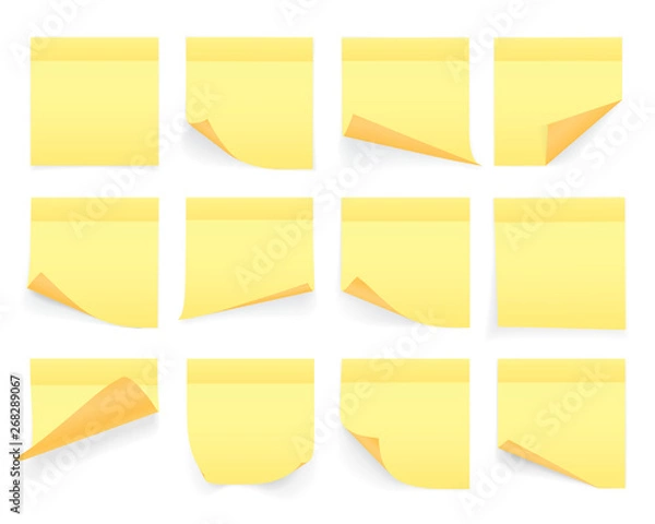 Fototapeta Collection of yellow colored sheets of note papers with curled corner and shadow, ready for your message. Realistic. Isolated on white background. Set. Vector illustration