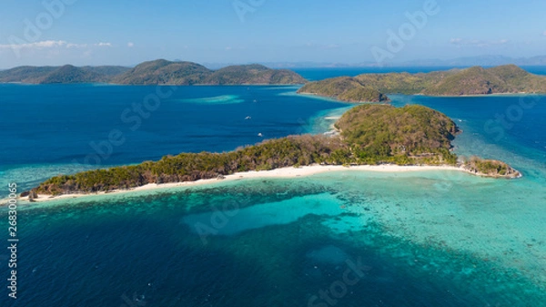 Fototapeta aerial seascape tourists enjoy the tropical beach. tropical island with sand beach, palm trees. Malcapuya, Philippines, Palawan. Tropical landscape with blue lagoon, coral reef