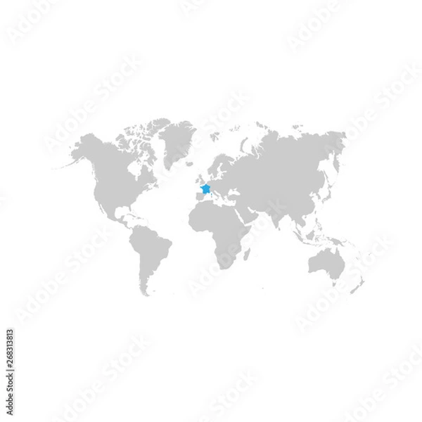 Fototapeta France map is highlighted in blue on the world map