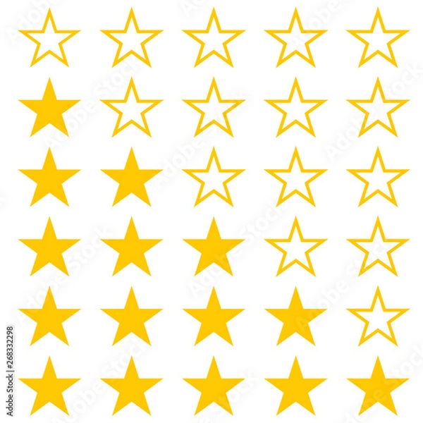Fototapeta Vector image of a set of yellow stars. Rating, one star, two stars, three stars, four stars, five stars