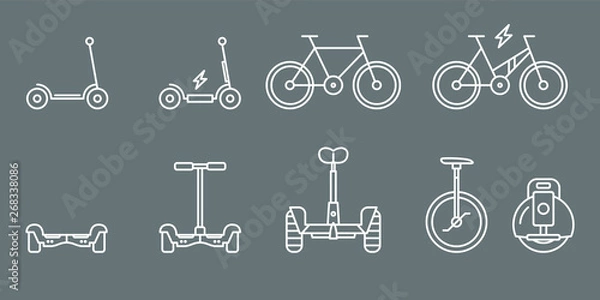 Fototapeta Scooter and electric transport icons - outline vector vehicles symbol set for the web site or interface
