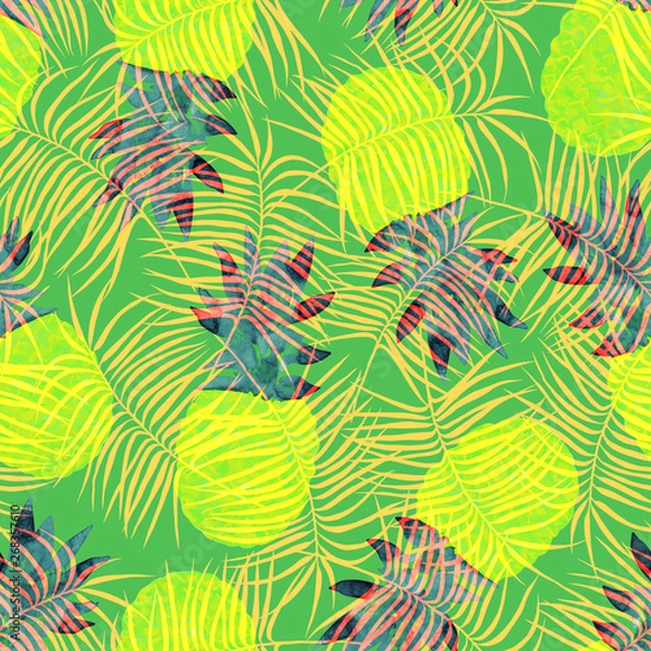 Fototapeta Pineapple and palm leaves seamless tropical pattern, creative watercolor pineapples on green background.