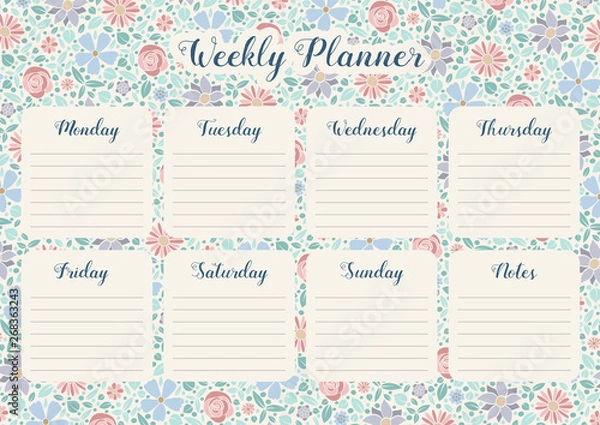 Fototapeta Colorful weekly planner template with floral background. Vector