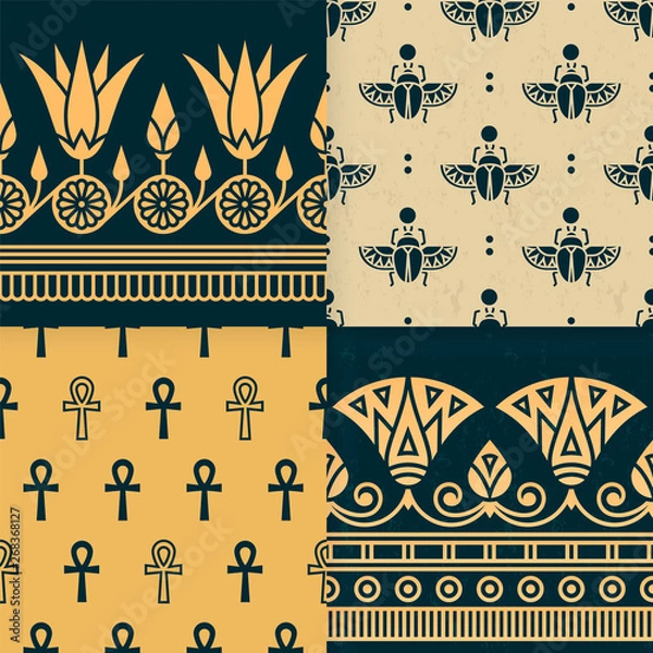 Fototapeta Set of four a seamless vector illustration of Egyptian national ornament with a lotus flower, scarab, ankh on the various background.