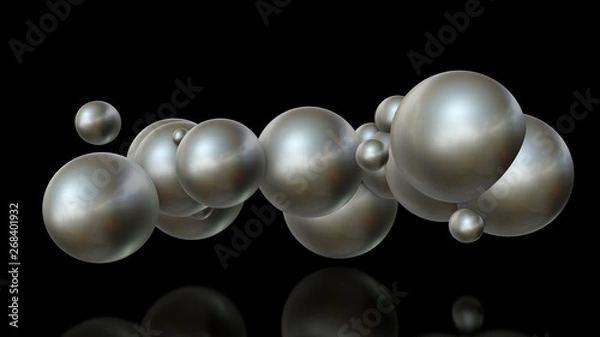 Obraz 3D illustration of metal balls of different sizes randomly arranged in space and penetrating into each other. A futuristic image, an abstraction. 3D rendering isolated on black background.