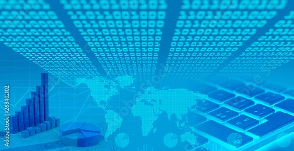 Fototapeta global financial market charts, binary code, 3d illustration