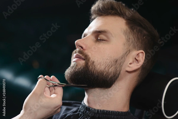 Fototapeta Getting perfect shape. Close-up side view of young bearded man getting beard haircut by hairdresser or barber at barbershop