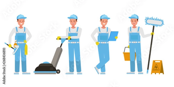 Fototapeta Janitor vector character design. Presentation in various action.