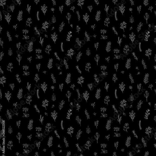 Obraz Hand drawn floral branches seamless pattern, white flowers on black background..