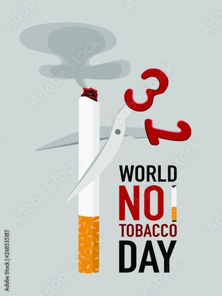 Obraz World on tobacco day. May 31, stop smoking from the picture as a cigarette cutting scissors. On a gray background