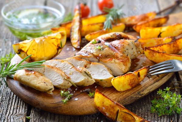 Fototapeta Gegrilltes zartes Hähnchenbrustfilet mit Zitronen-Dip und Rosmarin Potato Wedges – Grilled chicken breast fillet  with lemon dipping sauce and rosemary potato wedges