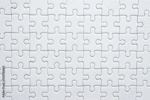 Obraz Układanka - kawałki siatki, biały kolor układanki, szablon rozwiązania mozaiki sukcesu, poziome na białym tle miejsce na tekst, widok z góry