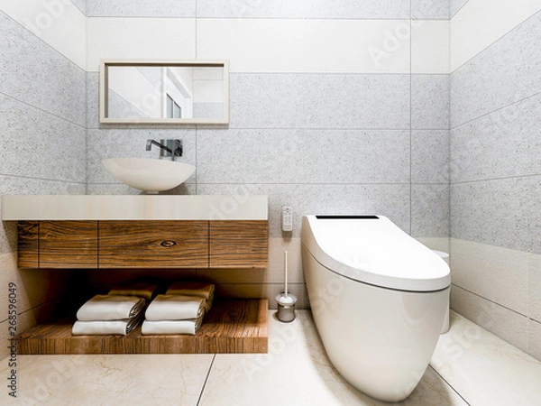 Fototapeta Modern bathroom in the home with smart toilet and shower, as well as sink and mirror