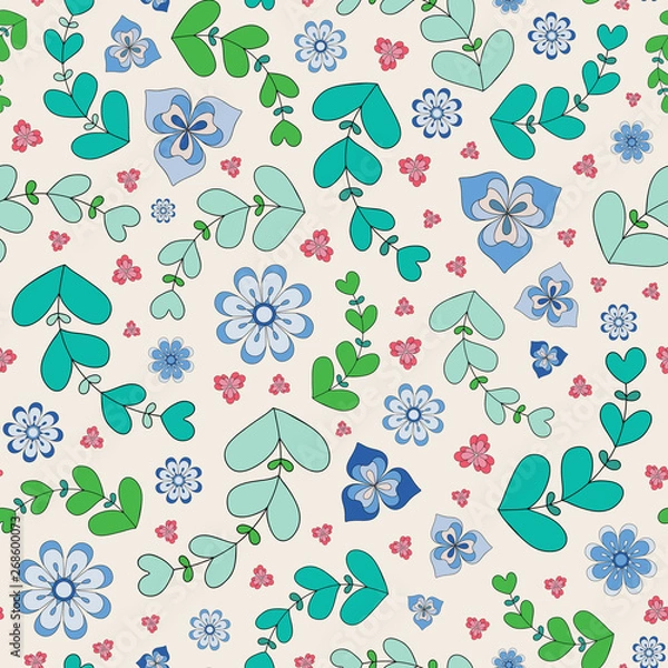 Fototapeta Summery seamless repeat pattern of outlined stylized flowers and leaves. A pretty floral vector design in green, blue and pink.