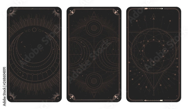 Fototapeta Vector set of three dark backgrounds with geometric symbols, grunge textures and frames. Abstract geometric symbols and sacred mystic signs drawn in lines.