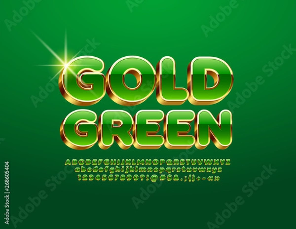 Fototapeta Vector Gold and Green 3D Font. Elegant Alphabet set. Luxury Letters, Numbers and Symbols