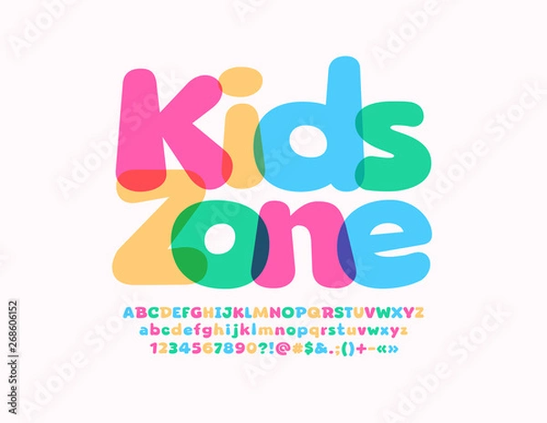 Fototapeta Vector colorful emblem Kids Zone with transparent playful Font. Bright Alphabet Letters, Numbers and Symbols