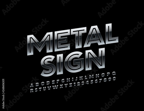 Fototapeta Vector Metal Sign. Reflective Uppercase Font. Chrome Alphabet Letters and Numbers set