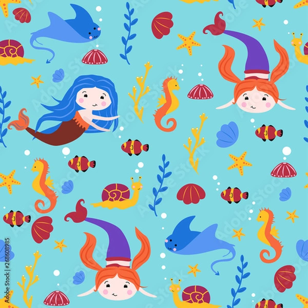 Obraz seamless pattern with mermaids and stingray - vector illustration, eps