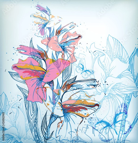 Fototapeta hand-drawn background with  a gentle  colored gladiolus